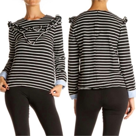 Evereve English Factory Breton Tee Stripe Ruffle Top Women Fold Over Cuff XL NEW - Picture 10 of 10